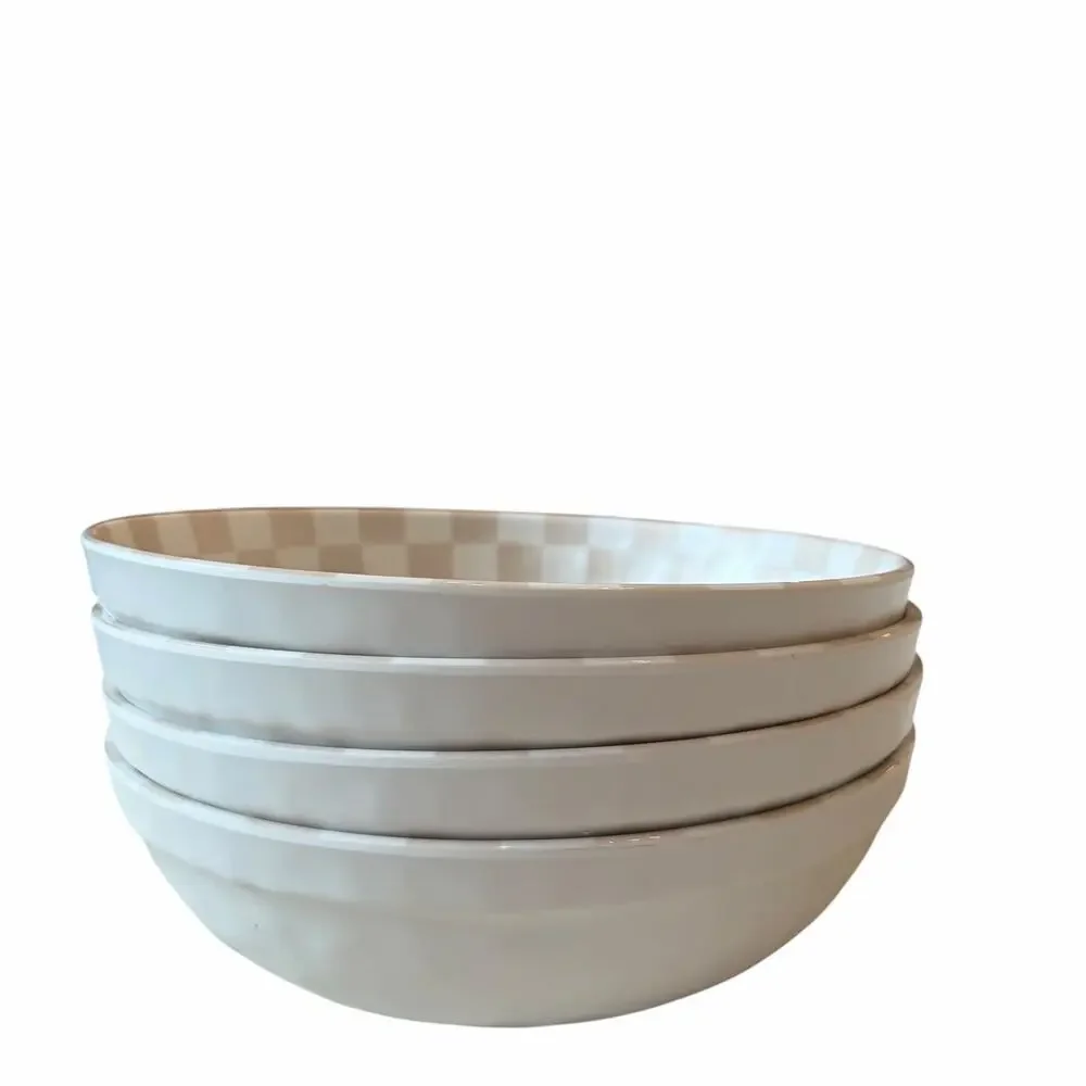 Taupe Checkered Melamine Salad Bowls 8in Set of 4 Indoor Outdoor NEW